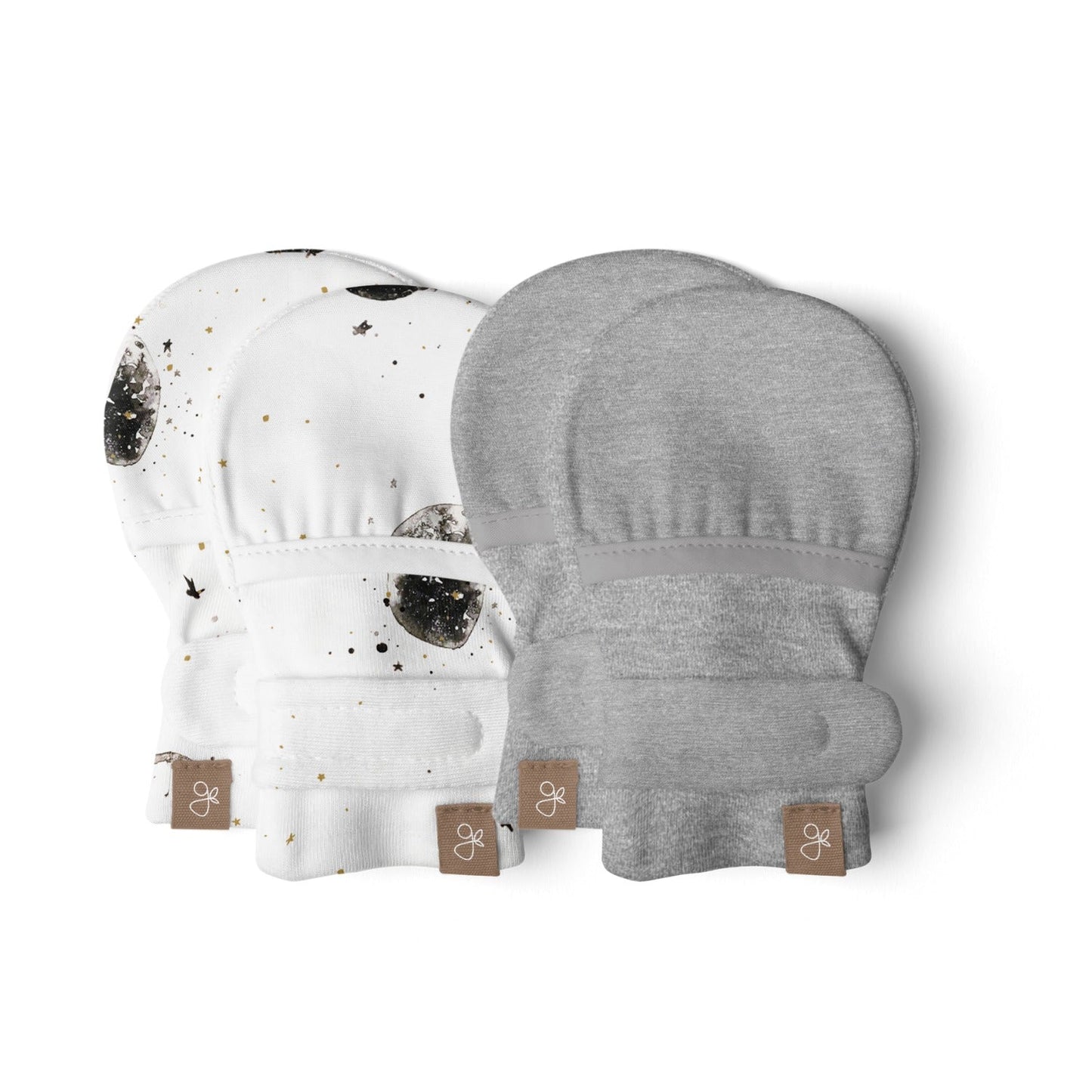 STAY ON 2-PACK MITTS | MANY MOONS + PEBBLE — Bamboo Organic Cotton Blend, 0–6M