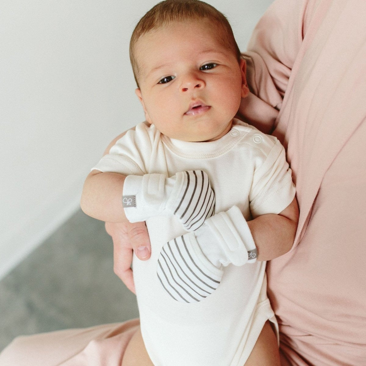 STAY ON 2-PACK MITTS | STRIPE GRAY + MIDNIGHT — Bamboo Organic Cotton Blend, 0–6M
