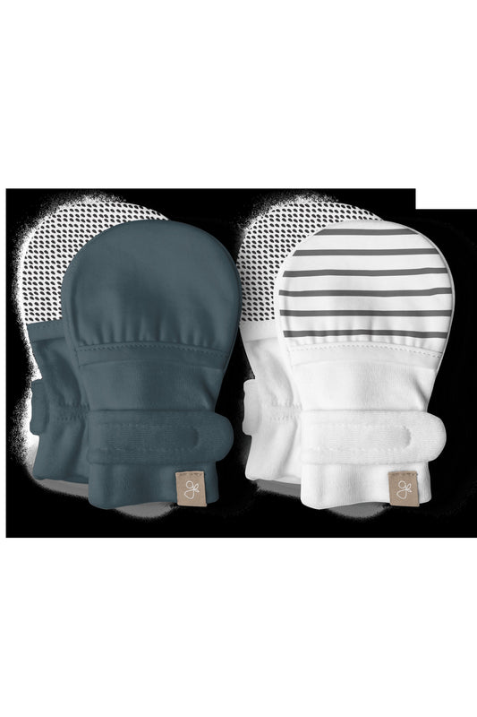 STAY ON 2-PACK MITTS | STRIPE GRAY + MIDNIGHT — Bamboo Organic Cotton Blend, 0–6M