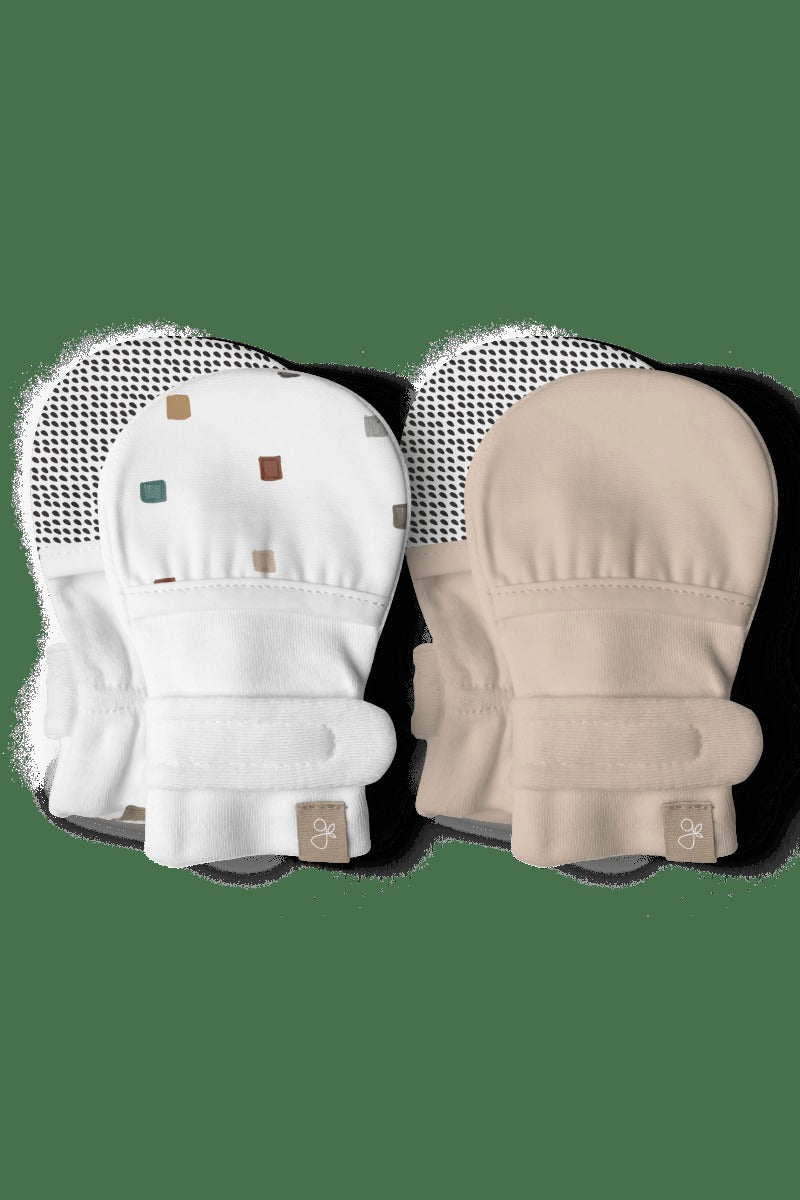 STAY ON 2-PACK MITTS | CITY BLOCKS + SANDSTONE — Bamboo Organic Cotton Blend, 0–6M