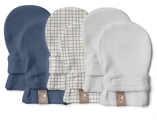 STAY ON 3-PACK MITTS | INDIGO + GRIDLOCK + DESERT MIST — Bamboo Organic Cotton Blend, 0–6M
